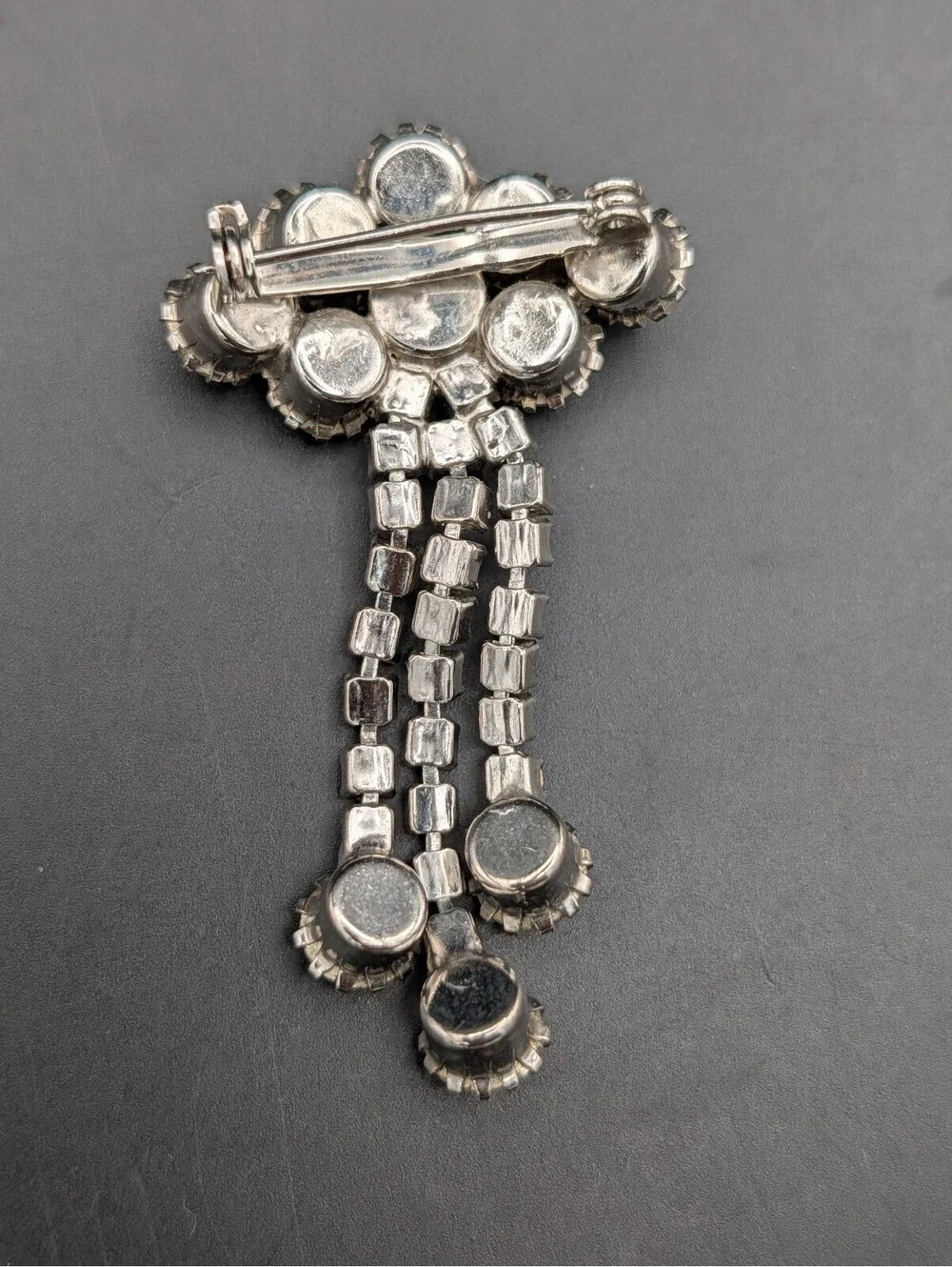 Vintage Mid Century Rhinestone Dangle Brooch Silver Tone Chandelier Pin 2.75